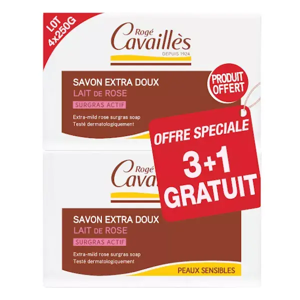 Rogé Cavaillès Extra Gentle Rose Milk Soap 250g Set of 3 + 1 free