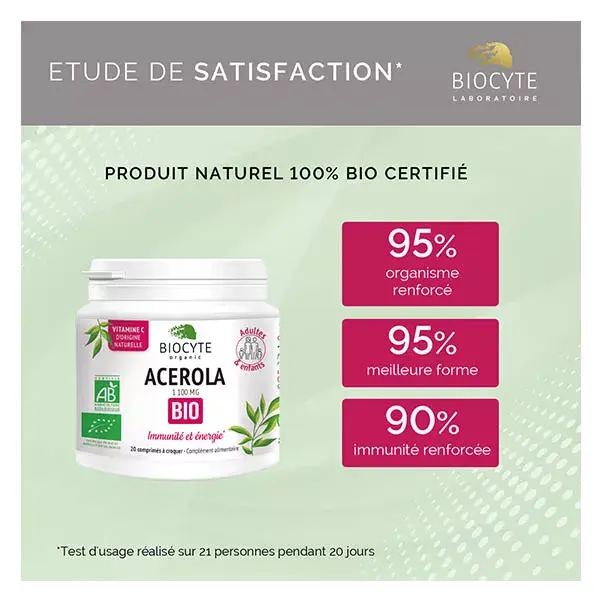 Biocyte Acérola 1100mg Bio Immunité & Energie 20 comprimés à croquer