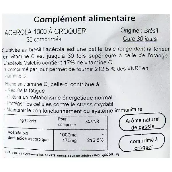 Valebio Acérola 1000mg Comprimés à Croquer Goût Cassis Bio 30 comprimés