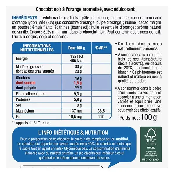 Karéléa Chocolat Sans Sucres Ajoutés Tablette Chocolat Noir Orange 100g