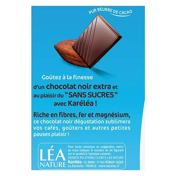 Karéléa Chocolat Sans Sucres Tablette Chocolat Noir 72% Cacao 100g