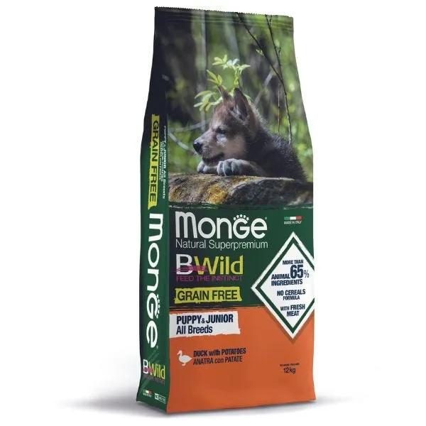 Monge Bwild Grain Free Puppy & Junior All Breeds Con Anatra/Patate Cibo Secco Per Cuccioli 12 Kg