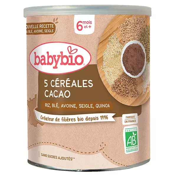 Babybio 5 Céréales Cacao Riz, Blé, Avoine, Seigle, Quinoa +8m Bio 220g