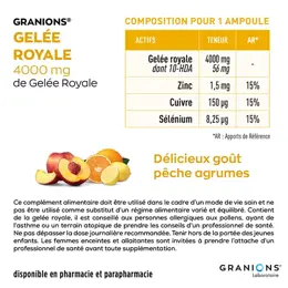 Granions Gelée Royale 4000 mg, Renforcer l'Immunité, Anti Fatigue - 10 Ampoules