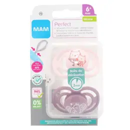 MAM Perfect Sucette Silicone +6m Hibou Ecureuil Lot de 2 + Boîte de Stérilisation