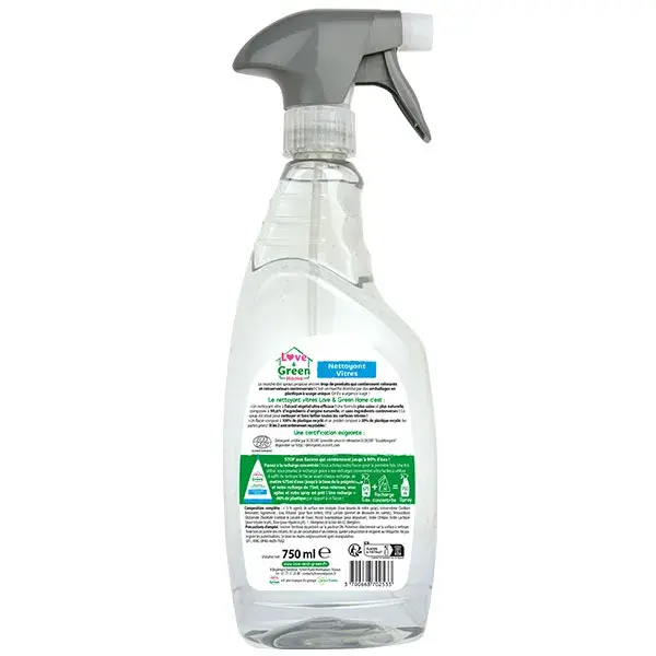 Love & Green Home Nettoyant vitres certifié Eco-détergent à l'alcool végétal - 750ml