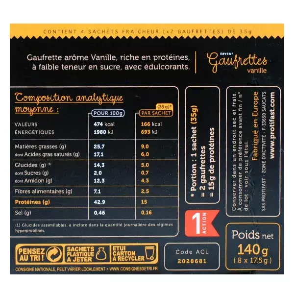 Protifast En-Cas Hyperprotéiné Gaufrettes Vanille 8 unités