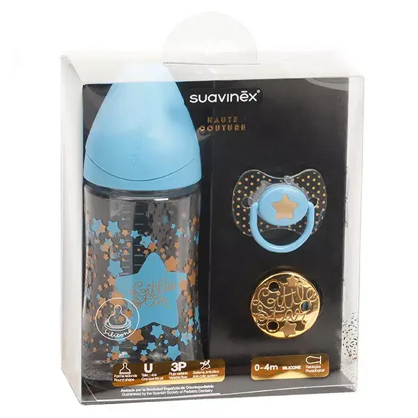 Suavinex Pack Couture Biberón 270ml + Chupete 0-4m + Clip Azul para Chupete