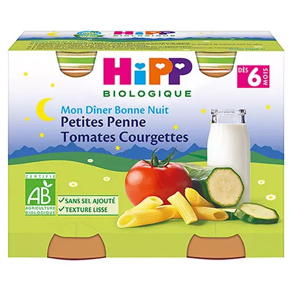 Hipp Bio Mon Dîner Bonne Nuit Bol Petites Penne Tomates Courgettes +6m 2 x 190g