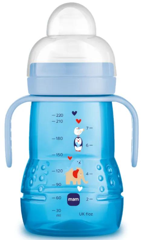 MAM 2-in-1 Lekvrije Fles en Beker +4 Maanden Blauw 220 ml 