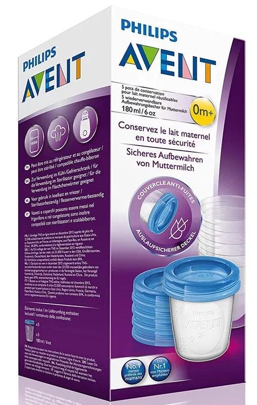 Philips Avent 5 Conteneurs 180 ml pour Lait Maternel + 5 Couvercles Réutilisables