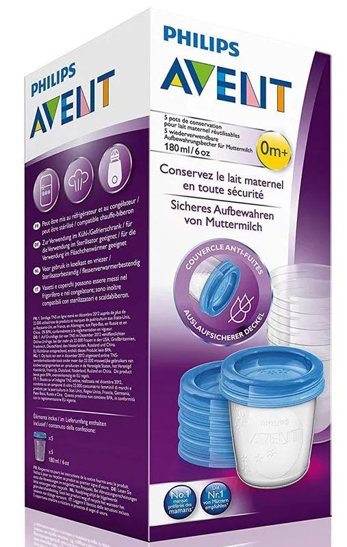 Avent 5 Recipientes 180ml para Leite Materno + 5 Tapas Reutilizável