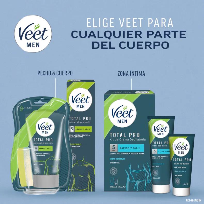 Veet Men Total Pro Crème dépilatoire Peau sensible Torse & Corps 400 ml x4 – Emballage
