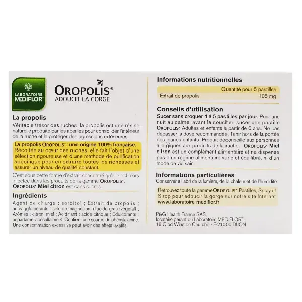 Oropolis Miel Citron sans Sucre 20 pastilles