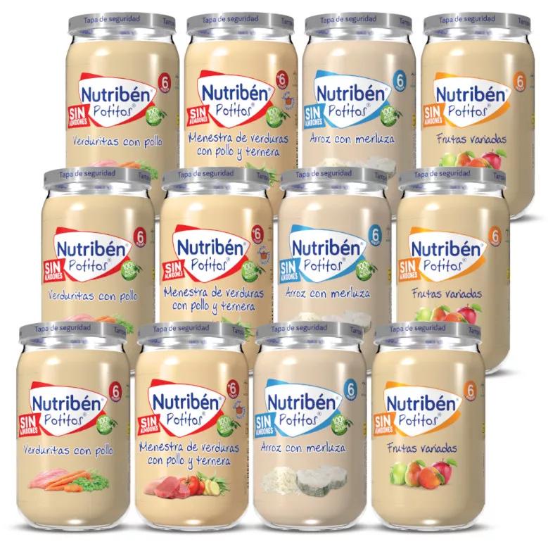 Nutribén Assortiment Potitos Kip, Kalfsvlees en Kip, Heek en Fruit +6m 12 stuks