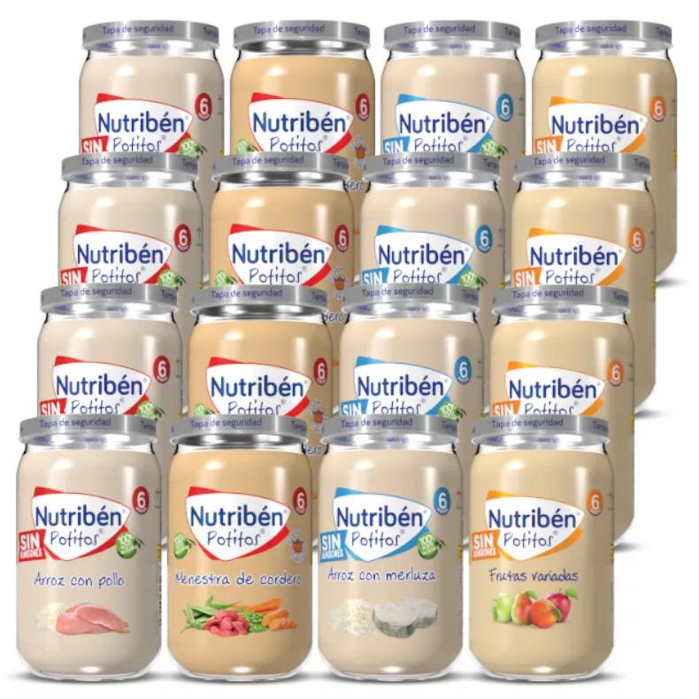 Nutribén Potitos Variados Pollo con Arroz, Cordero, Merluza y Frutas +6m 16 uds