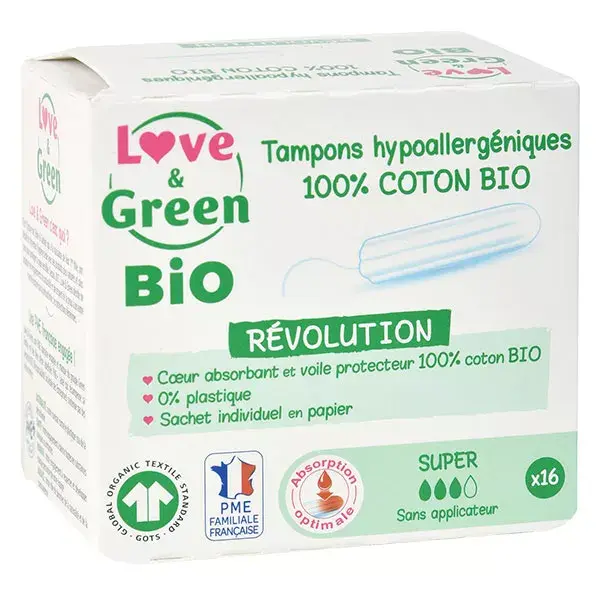 Love & Green Hygiène Féminine Tampon Hypoallergénique Super Bio 16 unités
