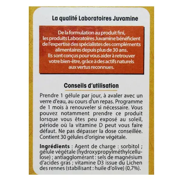 Juvamine Bone Capital Vitamin D3 from Reindeer Lichen 30 Capsules