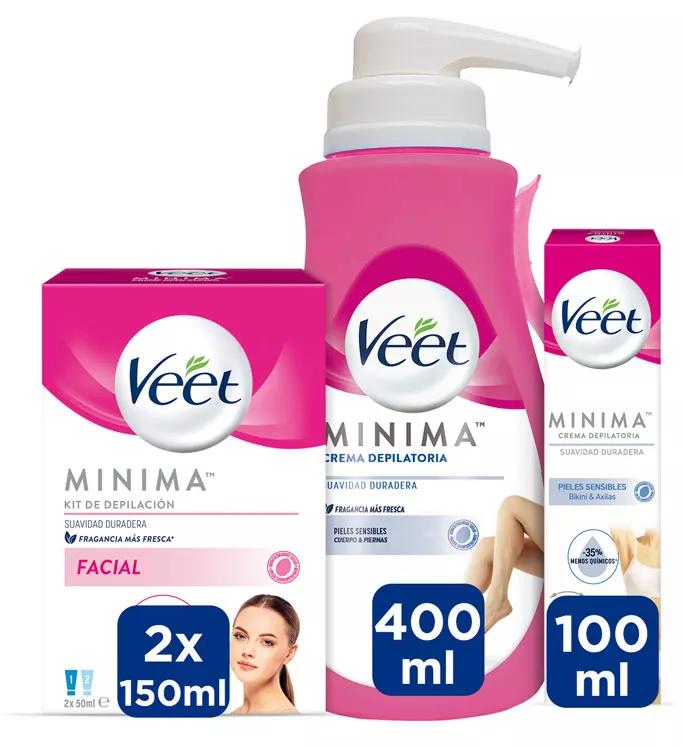 Veet Crema Depilatoria Axilas y Área del Bikini Roll-on 100 ml + Crema Depilatoria Corporal 400 ml + Crema Depilatoria Facial 2x50 ml