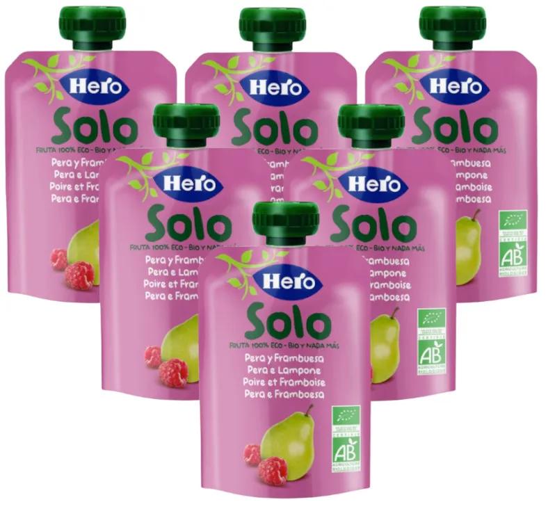 Sachet de fruits bio Hero Solo Poire et Framboise +4m 6x100 gr