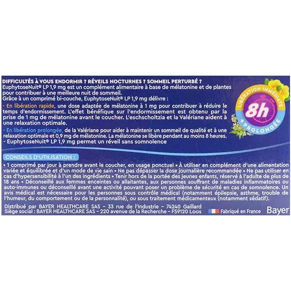 Euphytose Nuit Sommeil Mélatonine 1,9 mg Libération Prolongée 15 comprimés
