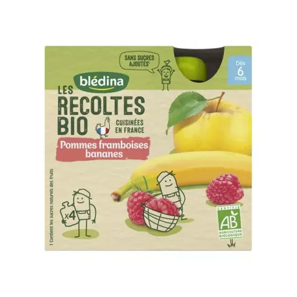 Blédina Récoltes Bio Apple Raspberry Banana bottle +6m 4 x 90g