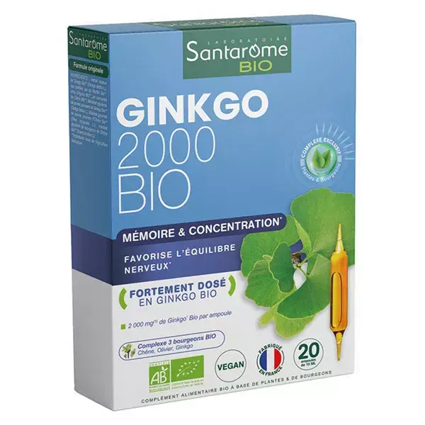 Santarome Bio - Gingko Bio 2000 - Renforce la mémoire - 20 ampoules