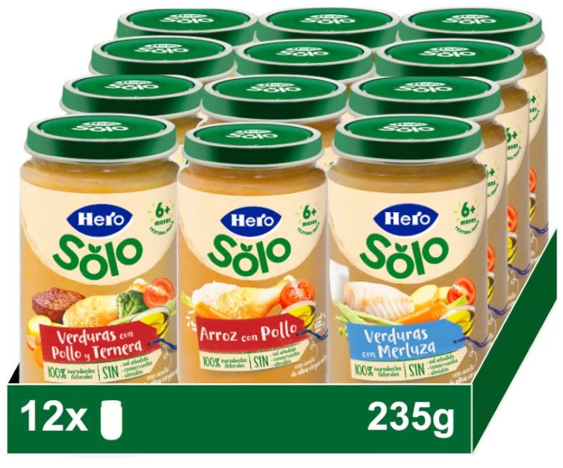 Imagen de Hero Solo Pack Tarritos de Verduritas con Pollo y Ternera 4x235 gr + Arroz con Pollo 4x235 gr + Verduritas con Merluza 4x235 gr +6m