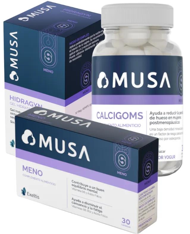 Musa Meno Menopause 30 Kapseln + Hidragyn Feuchtigkeitsgel zur internen Anwendung 6 Kanülen + Calcigoms Joghurtgeschmack 30 Gummibonbons
