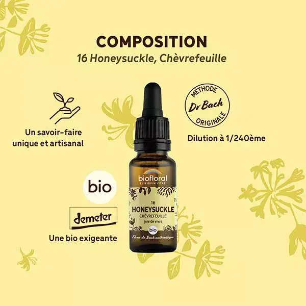 Biofloral Fleur De Bach 16 Honeysuckle Chevrefeuille Compte Gouttes Bio 20 ml