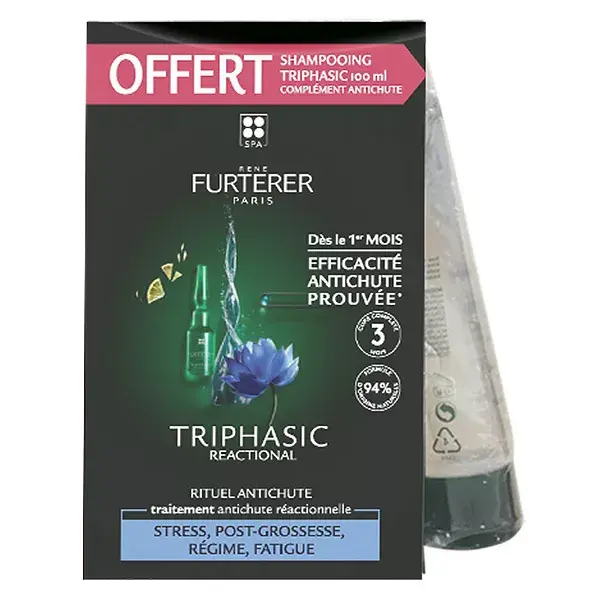 René Furterer Triphasic Reactional Rituel Antichute 12 ampoules + Shampoing Stimulant 100ml Offert