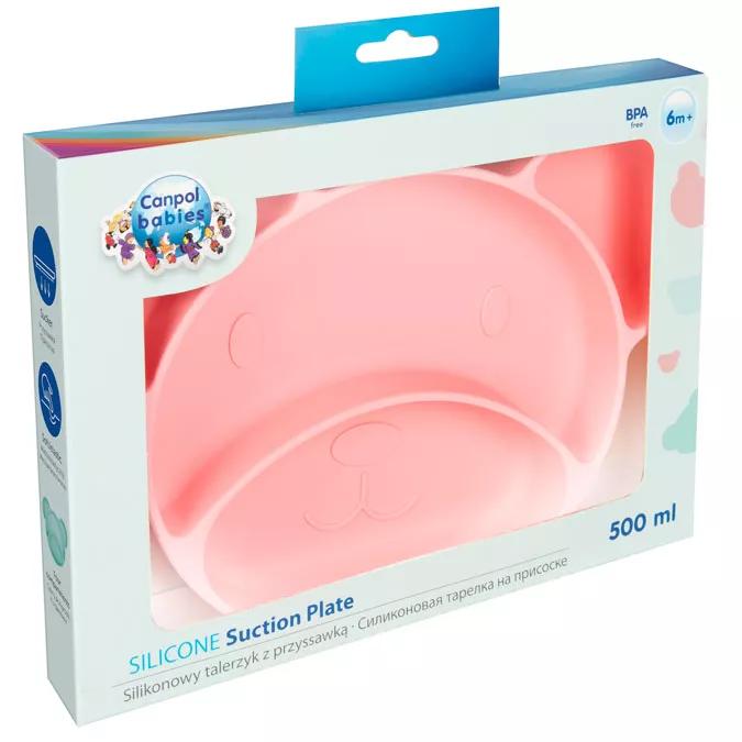 Canpol Babies Silicone Plate with Compartments and Suction Cup +6m 500 ml Pink