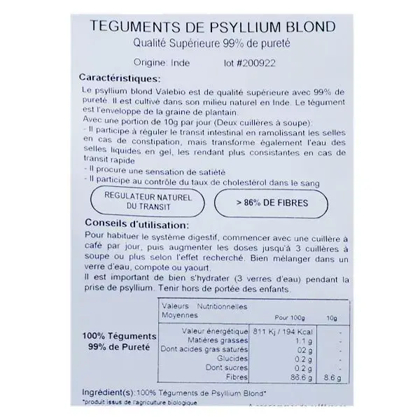 Valebio Tegumento Psyllium Blond Bio 350g