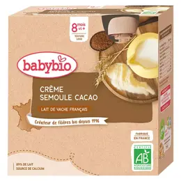 Babybio Desserts Lactés Gourde Crème Semoule Cacao +8m Bio 4 x 85g