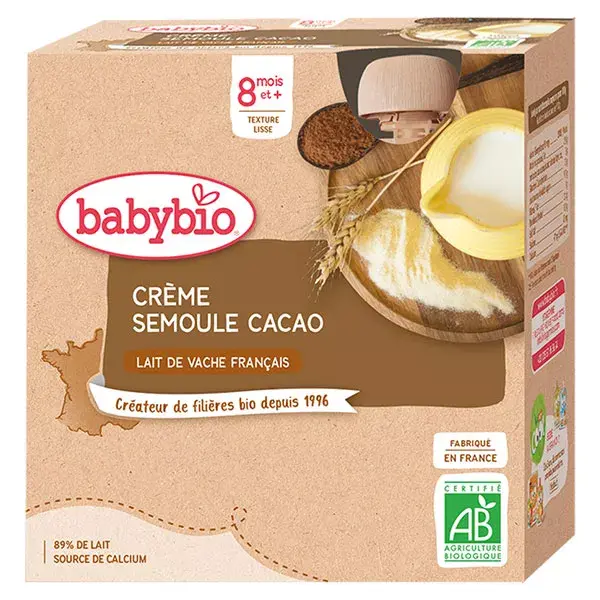 Babybio Desserts Lactés Gourde Crème Semoule Cacao +8m Bio 4 x 85g