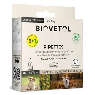 Biovetol - Antiparassitario - Pipette biologiche per cuccioli/cani di piccola taglia - 1,5 ml (x3 + 1 omaggio)