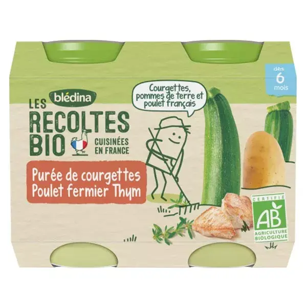 Blédina Les Récoltes Bio Pot Purée de Courgettes Poulet Fermier Thym +6m 2 x 200g