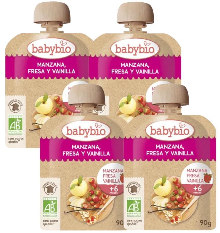 Babybio Pouch Appel, Aardbei en Vanille +6m 4x90 gr