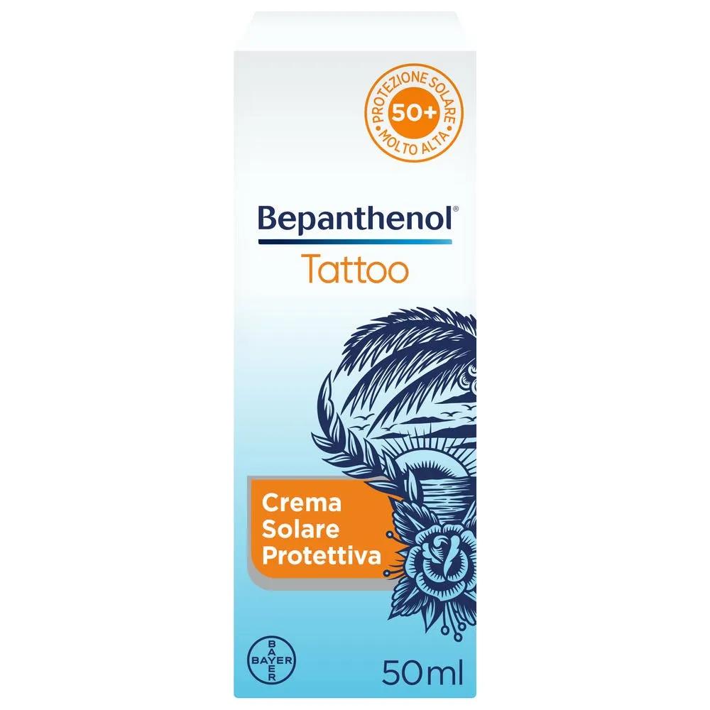 Bepanthenol Tattoo Crema Protezione Solare Molto Alta SPF50+ Per Tatuaggio, Con Pantenolo, Idrata e Rigenera la Pelle Tatuata 50ml