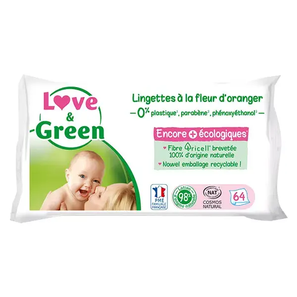 Love & Green Lingettes Hypoallergéniques à la Fleur d'Oranger 64 lingettes