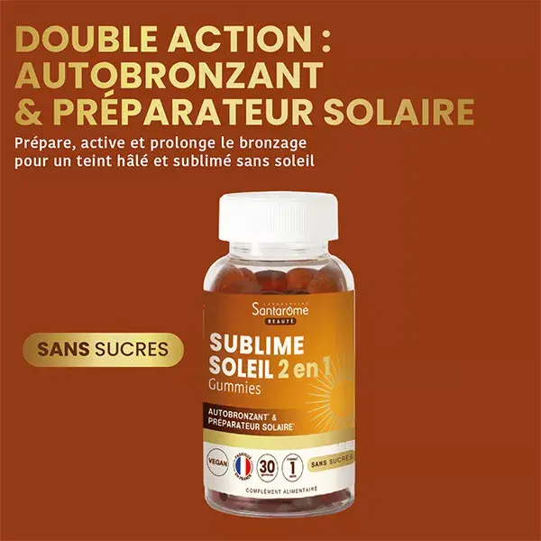 Santarome, Sublime Soleil 2 en 1, Préparateur solaire, Autobronzant 30 gummies