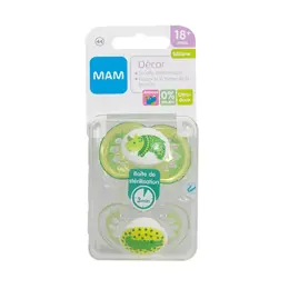 MAM Sucette Décor Animaux Silicone +18m Lot de 2 Rhinocéros et Crocodile Verts