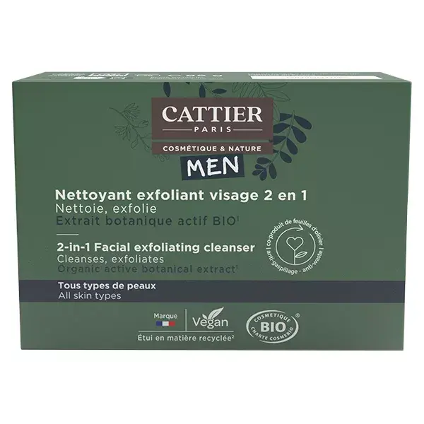 Cattier Men Nettoyant Exfoliant Visage Homme 2 en 1 Solide Bio 85g