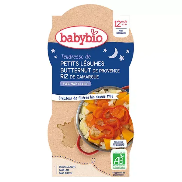 Babybio Repas Soir Bol Petits Légumes Butternut Riz +12m Bio 2 x 200g