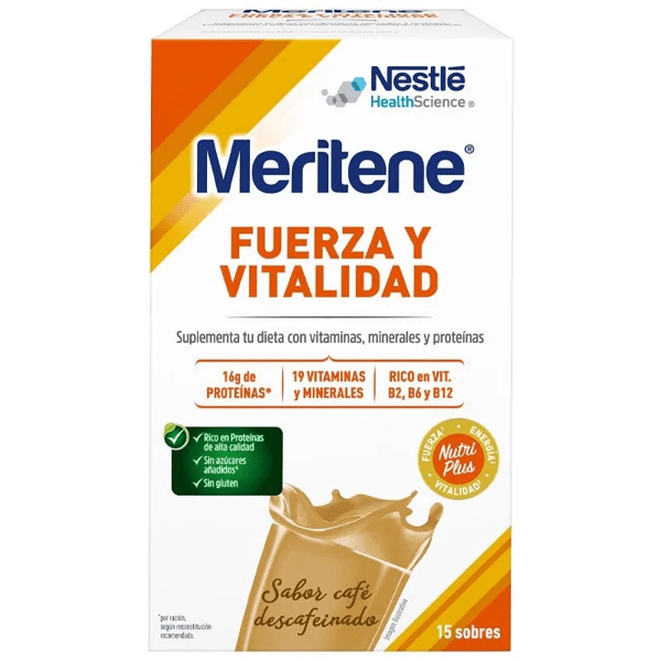 Meritene Strength and Vitality entkoffeiniertes Kaffeepulver, 15 Umschläge