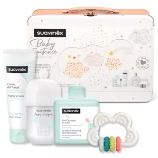 Suavinex Baby Cologne Korb + Schaumgel + Windelcreme + Korallen-Silikon-Beißring