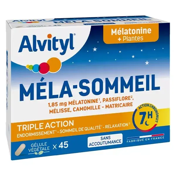 Alvityl Méla-Sommeil Mélatonine + 3 plantes + vitamine B6 dès 18 ans 45 gélules