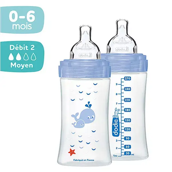 Dodie Sensation+ Anti-Colic Bottle 0-6 months Flat Teat 2 Whale Batch of 2 x 270ml