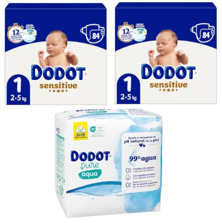 Dodot Sensitive Jumbo-Windeln, Packung T1, 2 x 84 Einheiten + plastikfreie Tücher, 288 Einheiten