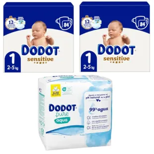 Pacote Fraldas Jumbo Dodot Sensitive T1 2x84 unidades + Lenços umedecidos sem plástico 288 unidades
